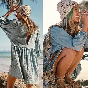 Free People Get Obsessed Babydoll Gauze Dress Pewter Size Small NWT Bohemian NEW